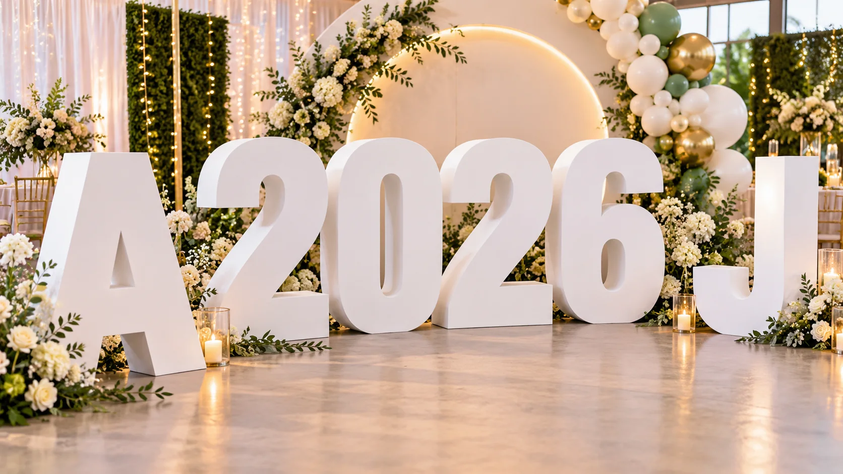 Concept example of oversized foam letters and numbers used as an event backdrop