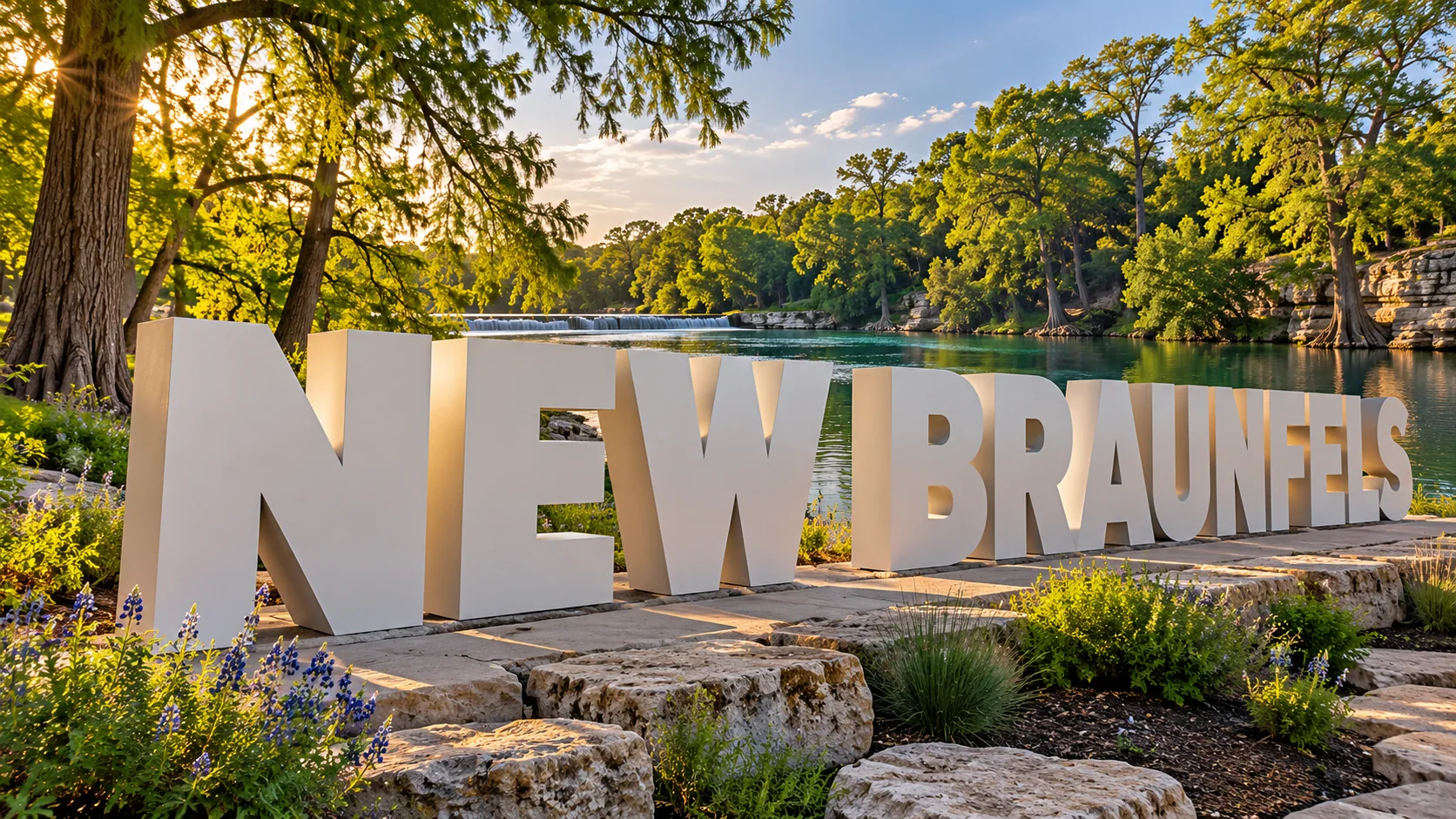Concept example of large freestanding New Braunfels foam letters beside a river